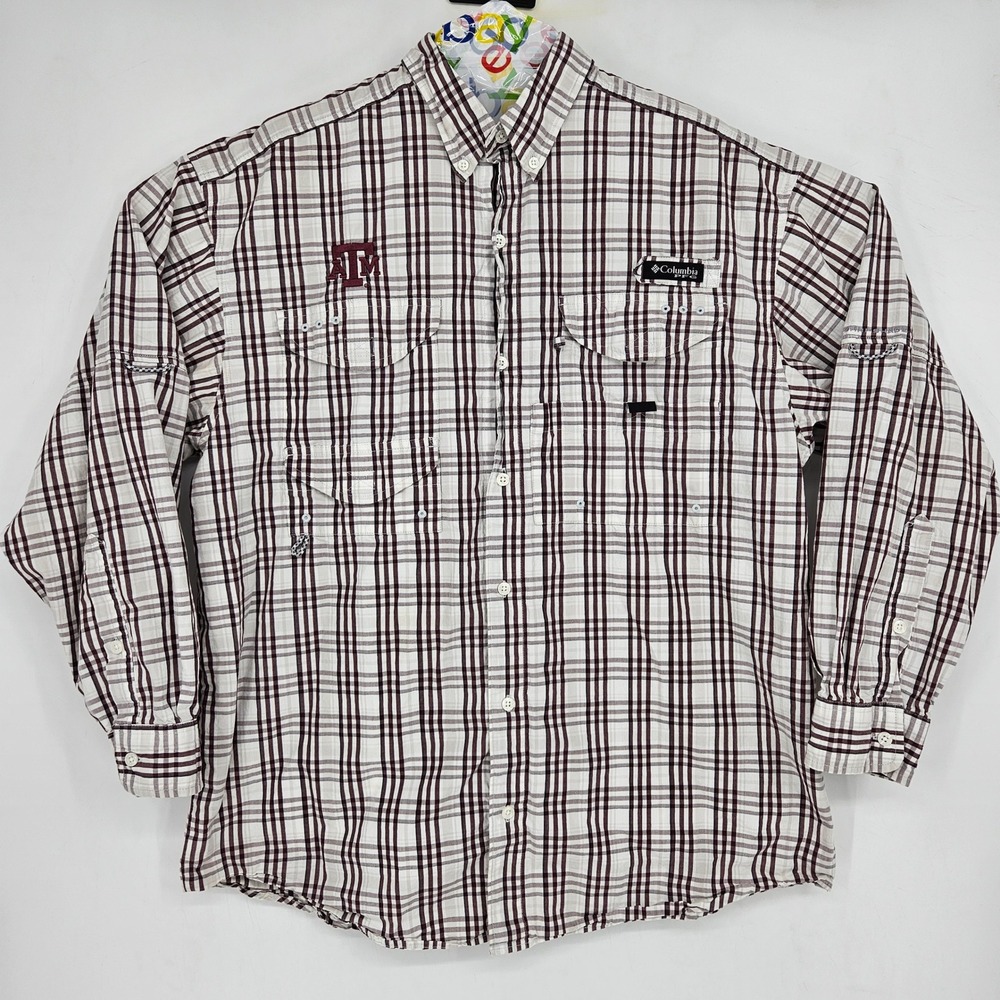 Texas A&M Aggies Shirt Mens Large Columbia Button Up Plaid Maroon Long Sleeve